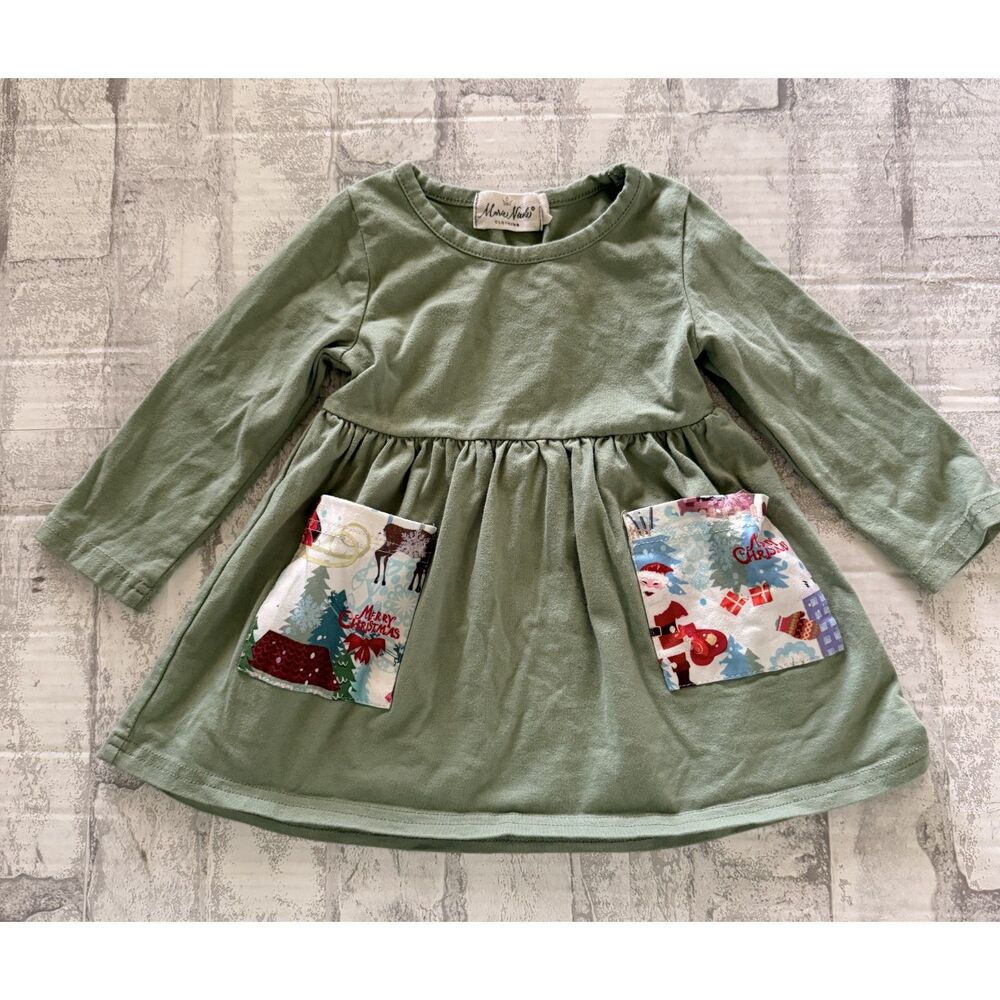 Marie Nicole Sage Green Holiday Christmas Dress Toddler Santa Pockets Sz 3XS
